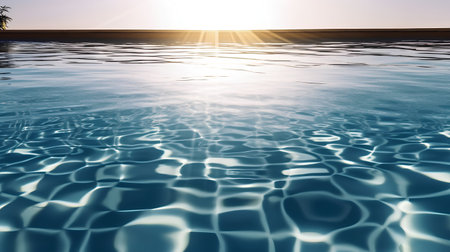 Swimming pool with sun rays and reflections on the water surface.の素材