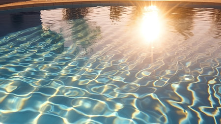 Swimming pool with sun reflection on water surface in luxury hotel resortの素材