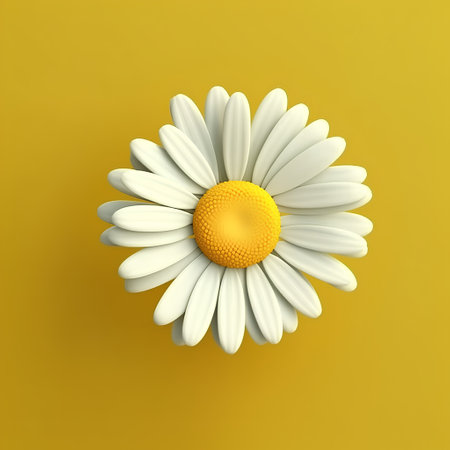 White daisy on yellow background. 3d render. Top view.の素材