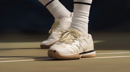 Close-up of female tennis player's feet in white sneakers.の素材