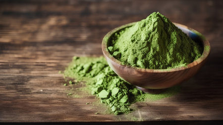 Powdered matcha green tea in wooden bowl on wooden tableの素材