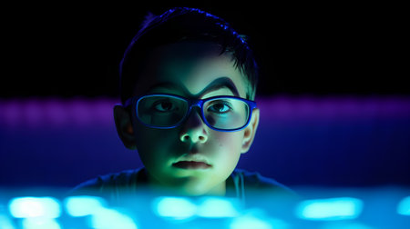 Portrait of a young boy playing computer games in neon light.の素材
