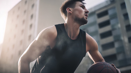 Handsome young man in black sportswear with basketball ball in the cityの素材