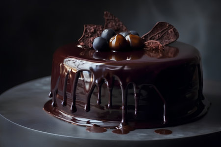 Chocolate cake with berries and chocolate syrup on a black background.の素材