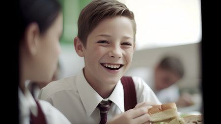 Happy schoolboy eating sandwich with his mother at school, focus on boyの素材