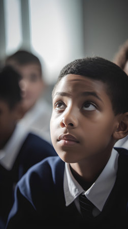 Thoughtful African American schoolboy looking away in classroom during lessonの素材