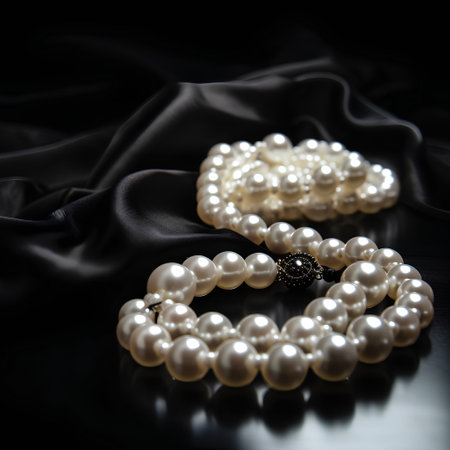 Pearl necklace on black silk background, close up. Luxury jewelryの素材