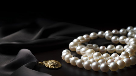 Pearl necklace on black satin background, shallow depth of fieldの素材
