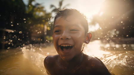 Portrait of a boy having fun in a swimming pool at sunsetの素材