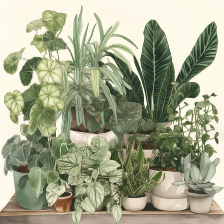 Various houseplants in pots on a wooden shelf. Vector illustration.の素材