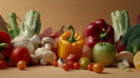 Composition with variety of raw vegetables on color background. Balanced dietの素材