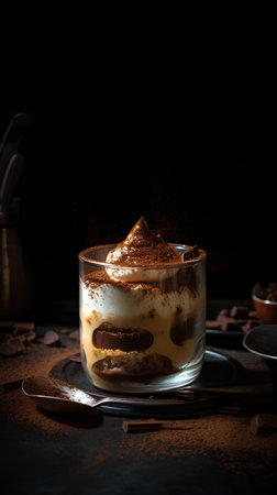 Classic tiramisu dessert in a glass on dark background. Copy space.の素材