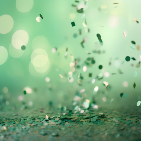 Green bokeh background with falling confetti. 3d renderingの素材