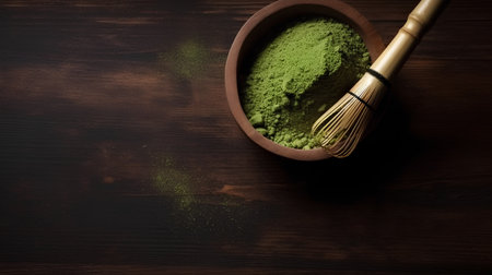 Matcha green tea powder in bowl and whisk on dark wooden backgroundの素材