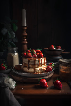 Strawberry crepe cake on rustic wooden background, selective focusの素材