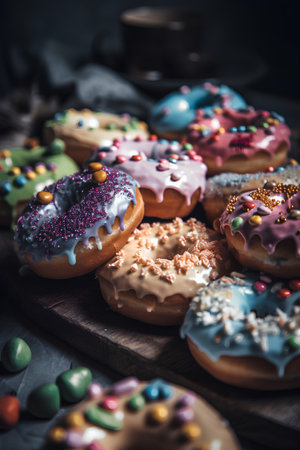 Colorful glazed donuts with sprinkles and cup of coffeeの素材