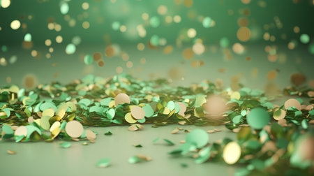 golden confetti on green bokeh background 3d renderingの素材