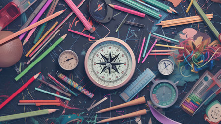 School supplies and compass on blackboard background. Back to school conceptの素材