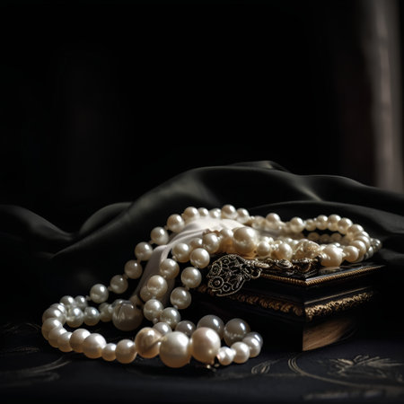 jewelry box with pearls on black fabric, shallow dofの素材
