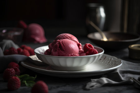 Scoops of raspberry ice cream in a bowl on a dark backgroundの素材