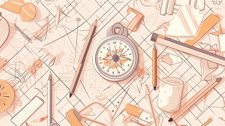 Seamless pattern with compass, pencils, ruler, ruler, pencils and other tools. Vector illustrationの素材