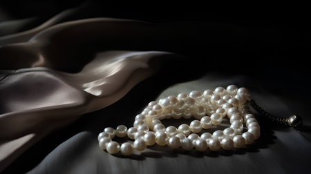 Pearl necklace on satin background, shallow depth of field.の素材