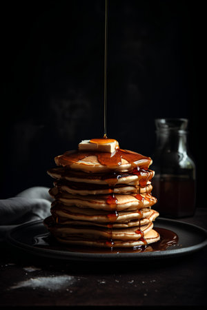 Pancakes with honey on a black plate. Dark background.の素材