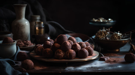 Homemade chocolate truffles on a dark background. Selective focus.の素材