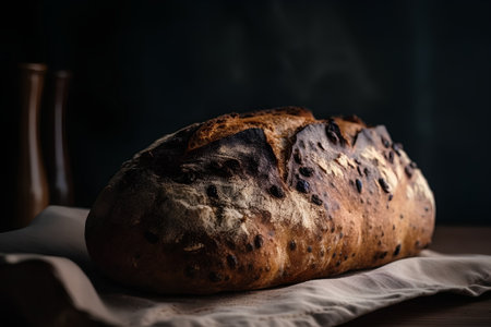 Homemade bread on a wooden table. Dark background. Selective focus.の素材
