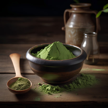 Matcha green tea powder in a bowl with spoon on wooden tableの素材