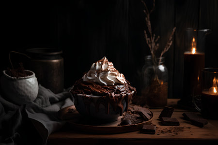 Chocolate cake with whipped cream and chocolate chips on a dark backgroundの素材