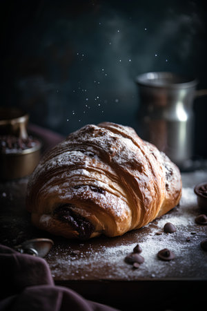 Sweet croissant with raisins and coffee on dark backgroundの素材