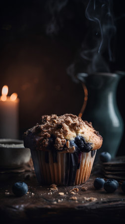 Blueberry muffins with a cup of coffee on a dark backgroundの素材