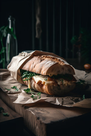 Sandwich with arugula, cheese and pesto on wooden tableの素材