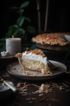 Homemade cheesecake with whipped cream, selective focus, dark backgroundの素材