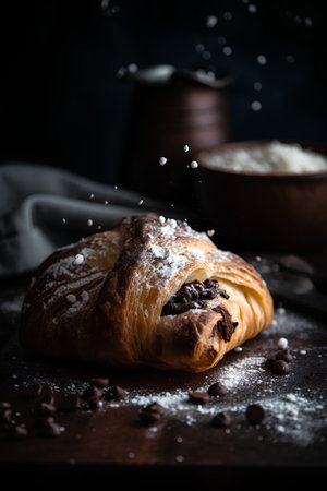 Fresh croissant sprinkled with icing sugar on dark background, selective focusの素材