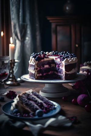 Homemade cake with blueberries and cherries. Selective focus.の素材