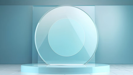 Empty round glass showcase in blue room. 3D illustration. Abstract background.の素材