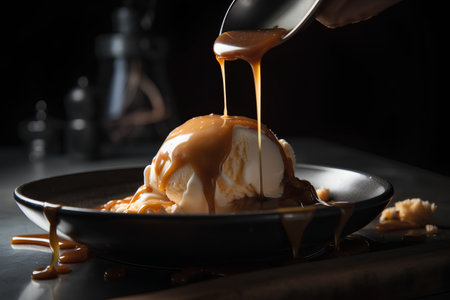 Chocolate ice cream with caramel sauce on a black plate, selective focusの素材