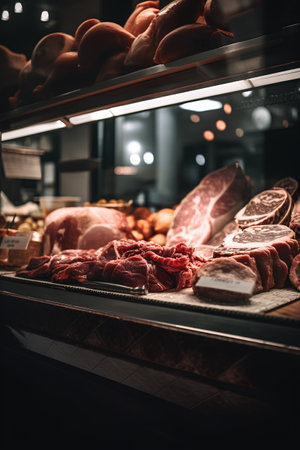 Fresh meat on the counter of a butcher shop in a grocery storeの素材
