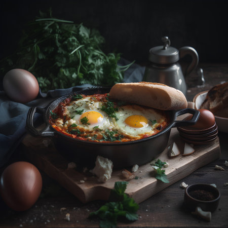 Shakshuka with egg, parsley and bread on dark backgroundの素材