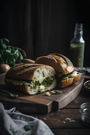 Bread with pesto sauce and fresh basil. Dark background.の素材