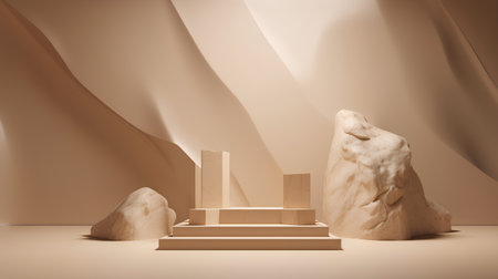 3d render, abstract geometric forms, podium for product presentation.の素材