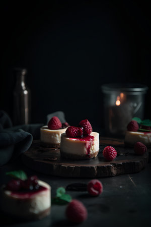 Delicious cheesecake with raspberries and mint on dark backgroundの素材