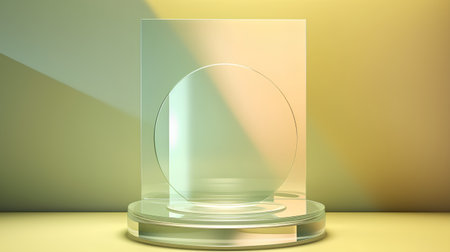 Empty glass podium on a yellow background. 3d rendering. Mock up.の素材