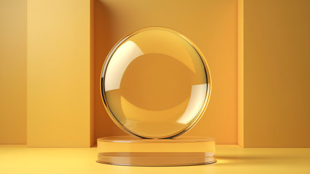 Empty round gold podium on yellow background. 3d render illustration.の素材