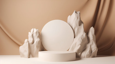 3d render, abstract minimal geometric forms, podium for product presentation, cream backgroundの素材
