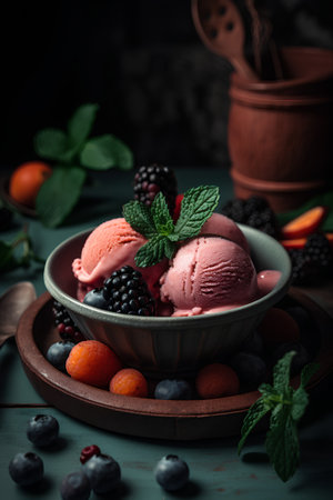 Homemade berry ice cream with fresh berries and mint on rustic background, selective focusの素材