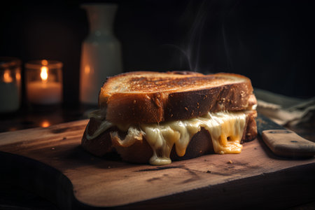 Sandwich with melted cheese on a wooden board. Dark background.の素材