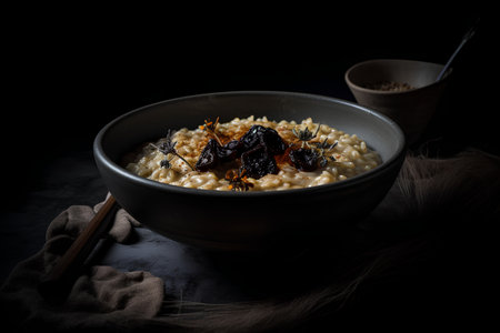 Risotto with dried fruits on dark background. Selective focus.の素材
